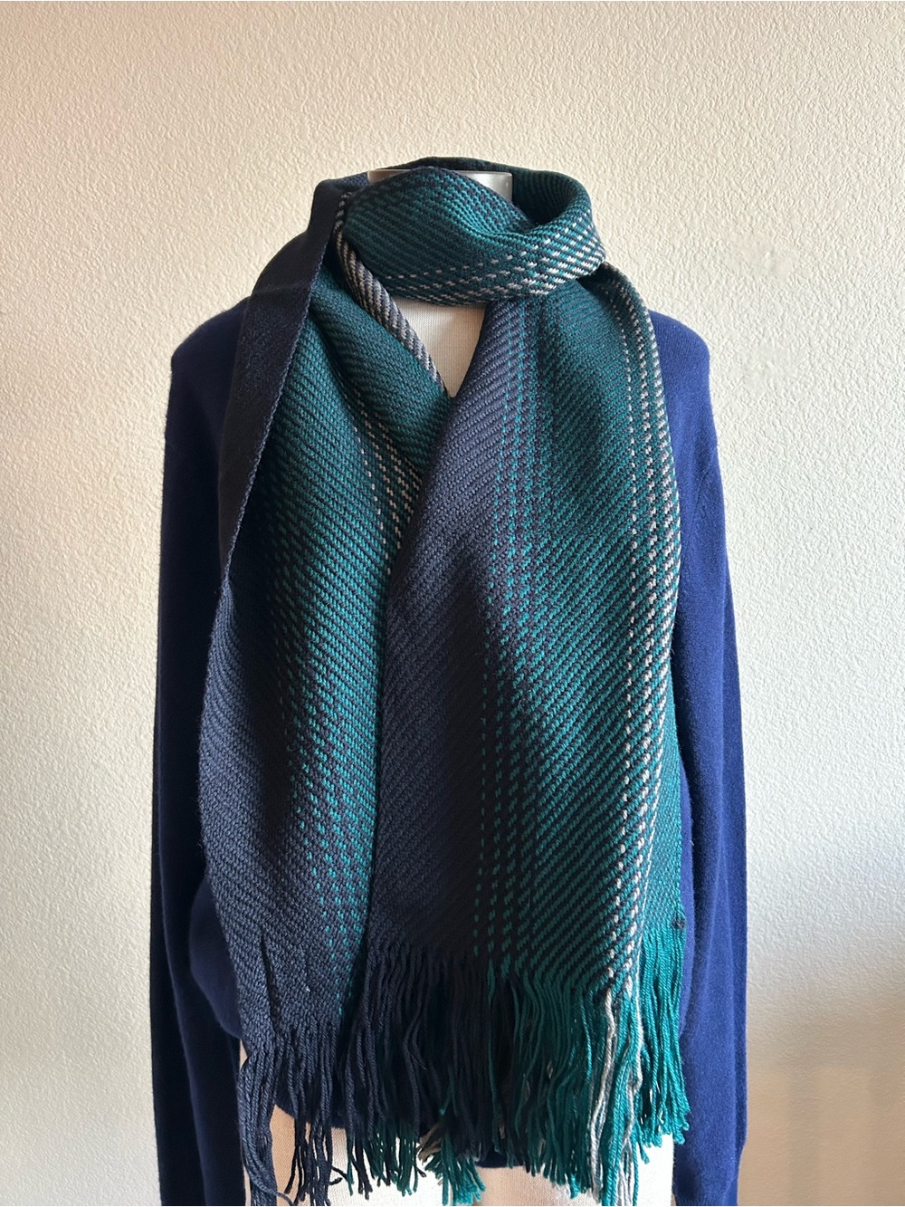 Mucros Weavers Green and Navy Two-Tone Woven Fringe Scarf 100% wool